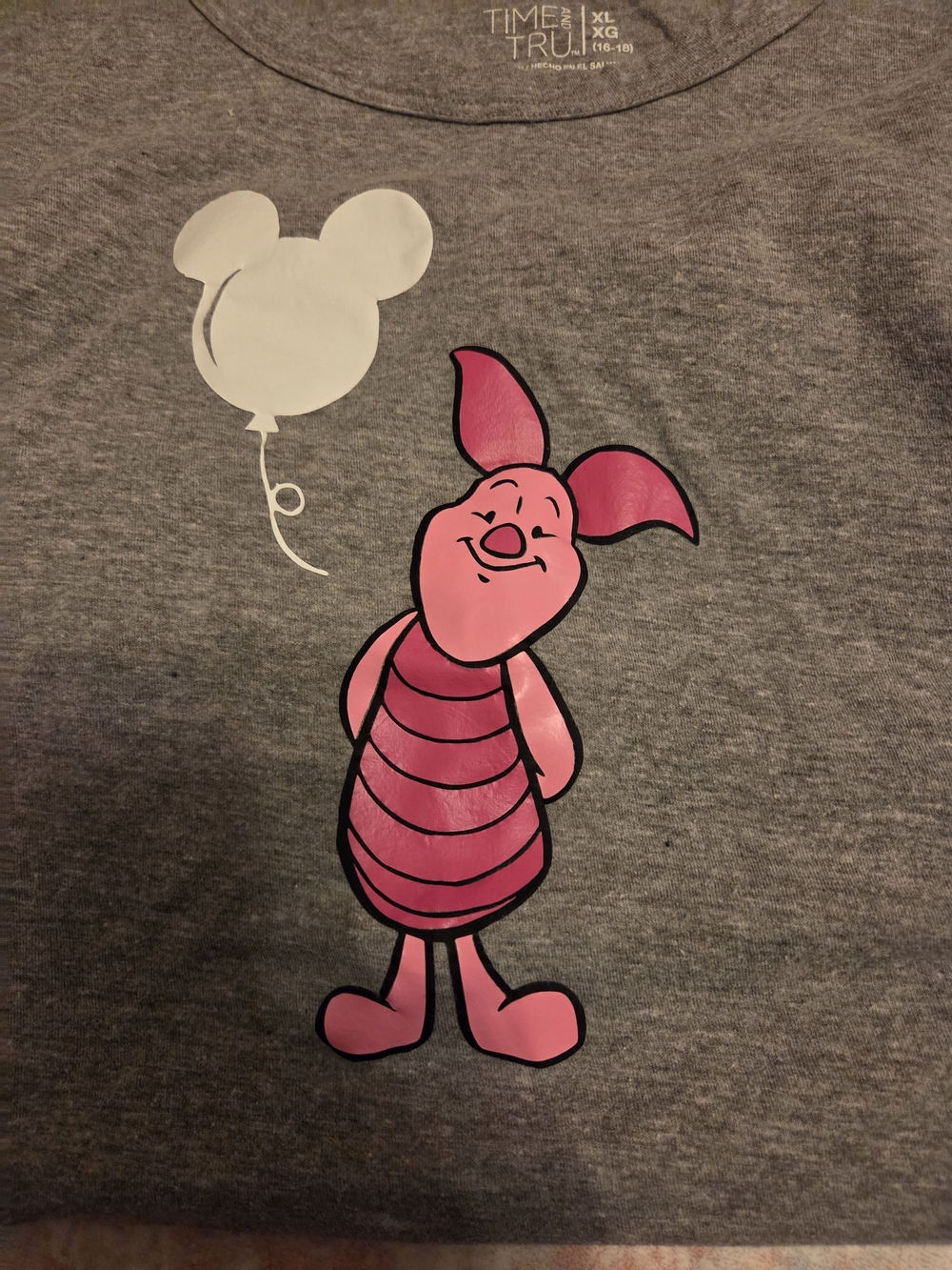 Time and Tru Gray Tee with Pink Piglet Graphic and White Balloon